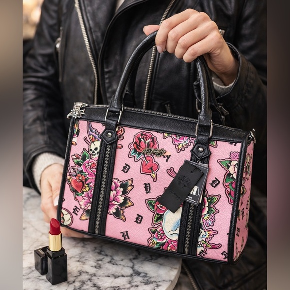 Ed Hardy Handbags - Ed Hardy Pink Skull Tattoo Satchel Bag NWT Roses Y2K Crossbody Purse